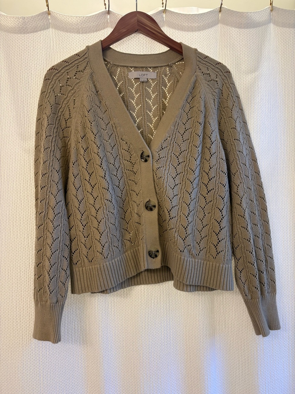 LOFT Taupe Open-Knit V-Neck Button Cardigan